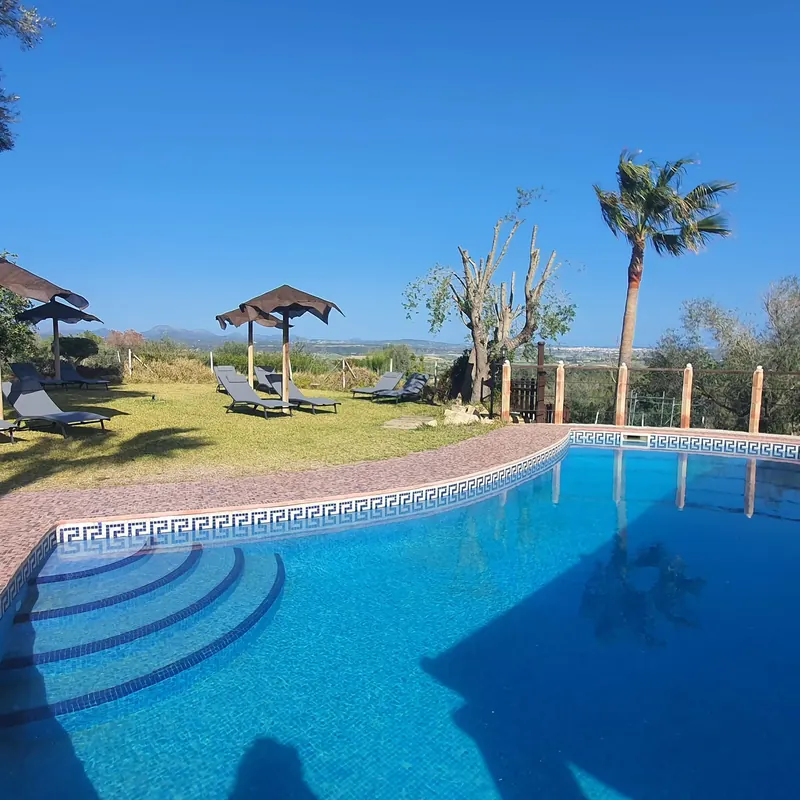 Piscina con escalera curva, césped y vistas al llano
